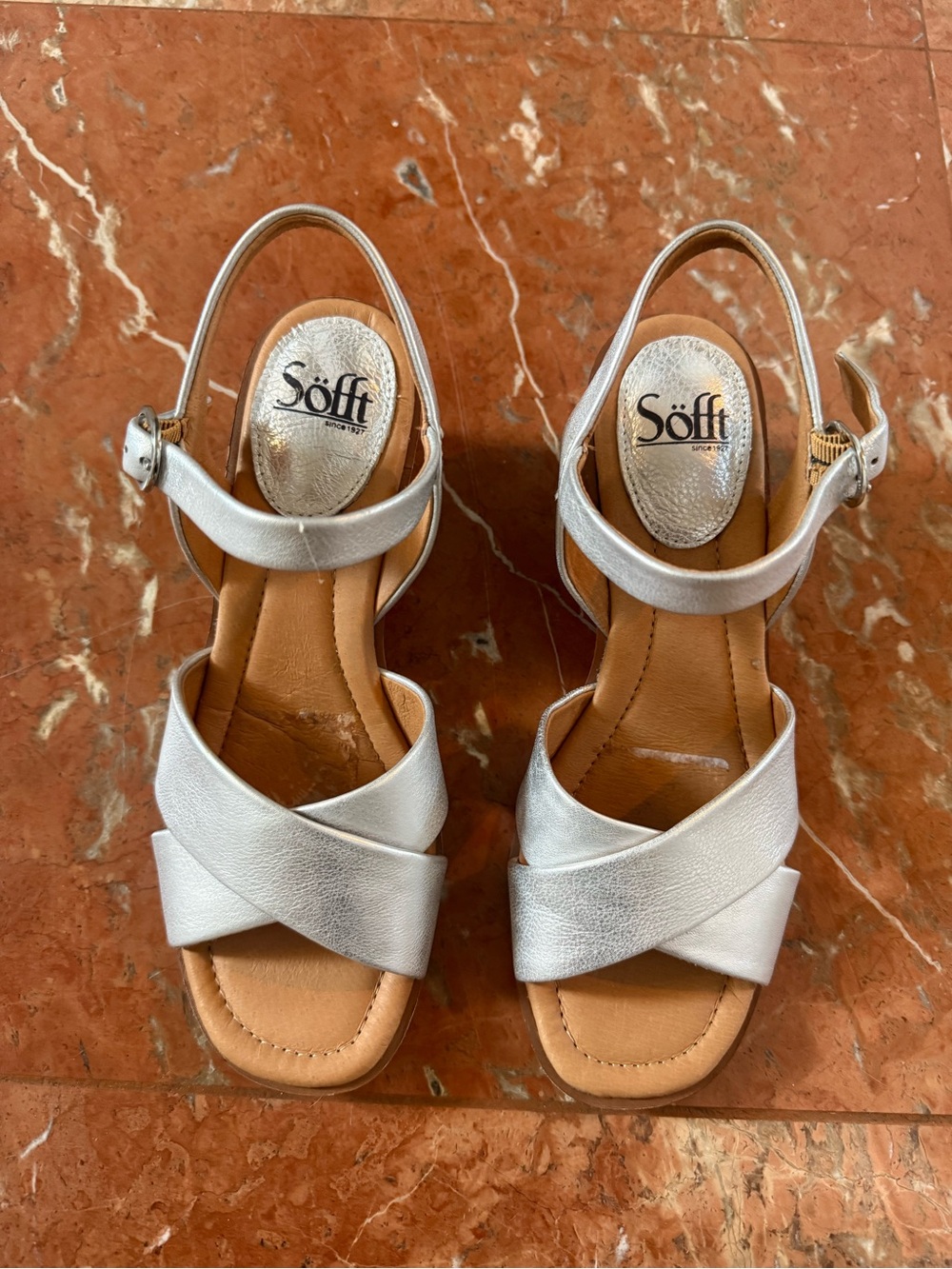 Söfft Metallic Silver Crisscross Wedge Sandals